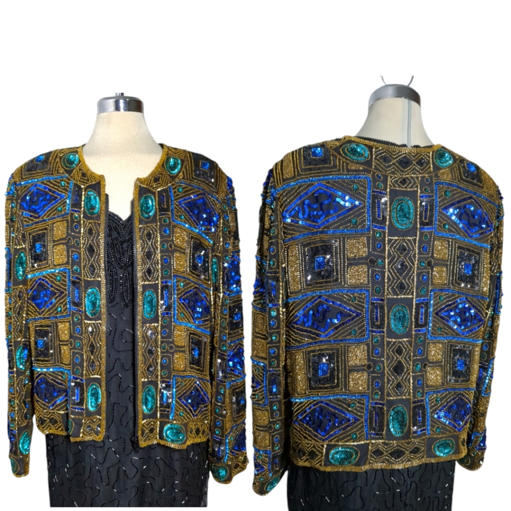 Vintage Scala  Luxury Handmade Green Blue & Gold Tone 100% Silk jacket Size XL